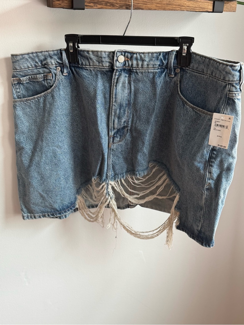 Good American Light Blue Distressed Denim Mini Skirt